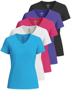Real Essentials 5 Pack: Women's Short Sleeve Breeze Tech V-Neck T Shirt –Workout Top Wicking Dry Fit Athletic Tee (Plus)