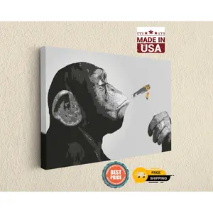Banksy Steez Chimp Monkey Smoking Wall Art Canvas Print Fine Art Photography, Art Canvas Poster Wall Decor, Canvas Wall Art Home