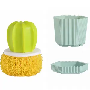 Comfortable Dish Scrub Brush - Removable Scourer Cleaning Ball with Handle, Kitchen Scrubber for Plates & Pans, Cactus Design Dish Cleaner (Yellow, Ideal as a Gift)
