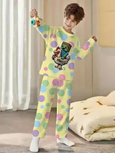 Boys' Minecraft-Inspired Sleepwear Set, Pixel Chicken Print Long Sleeve Pajamas & Extended Pants, Fire Retardant Fabric, Perfect Gift