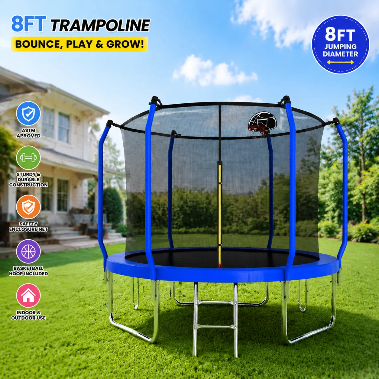 8FT Unisex Kids Toddler Trampoline with Basketball Hoop, Galvanized Steel Heavy-Duty Outdoor Trampoline with Safety Enclosure Net for Backyard Family Fun & Kids Outdoor Play