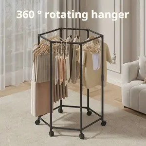 360° Rotating Hexagonal Rolling Clothing Rack, Freestanding Garment Rack with Wheels, Space Saving Portable Clothes Hanger Stand
