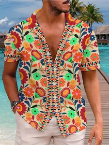Men's Summer Floral Tropical Hawaiian Shirt, Collared, Beach Vacation Essential, Cuban Collar Short Sleeve, Casual Loose Fit, Cartoon Pattern, Limited-time holiday discounts, fast shipping