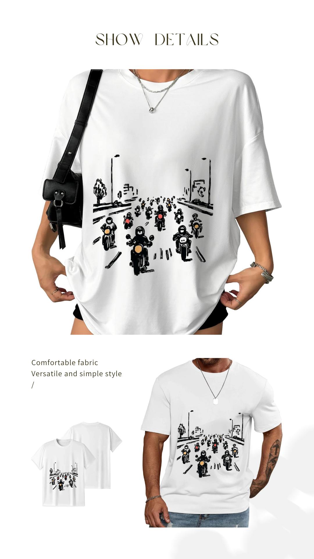 Women's Oversized Unisex Crew Neck Motorcycle Graphic T-Shirt - Biker Group Ride Streetwear Top, Cold Wash Women's T-Shirts