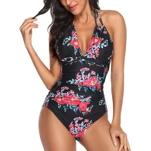 Smismivo Womens Tummy Control Swimwear Halter One Piece Retro Swimsuit Sexy Ruched Vintage Slimming Bathing Suit