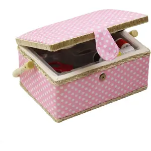 Medium Sewing Basket with Accessories, Wooden Sewing Box Organizer Box for Sewing Supplies Storage, DIY Sewing Kit Tools for Sewing Mending, Pink Polka Dots