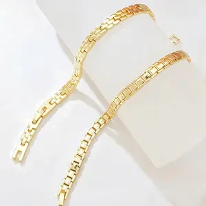 14K Gold Plated Watch Band Style Bracelet - Polished Square Link Chain