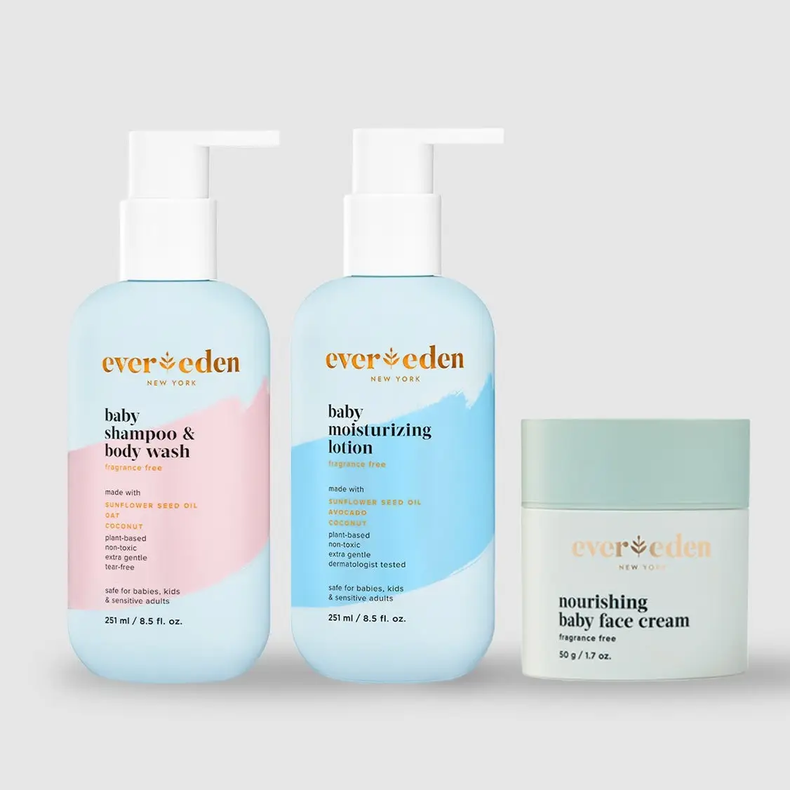 Evereden Baby Cleanse & Hydrate Bundle - Gentle, Safe Ingredients for Delicate Skin - Includes Face Cream, Lotion & Head-to-Toe Wash