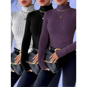 3PSC Ribbed High Neck Slim Fit Long Sleeve Top with Waist Pleats