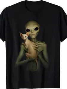 Funny Alien & Sphynx Cat Graphic T-Shirt for Men & - Retro Sphynx Cat Breed Tee with Alien Holding Hairless Cat, S-5XL Sizes, Comfortable Casual Shirt for Casual Attire, Machine Washable Gift for Pet Lovers