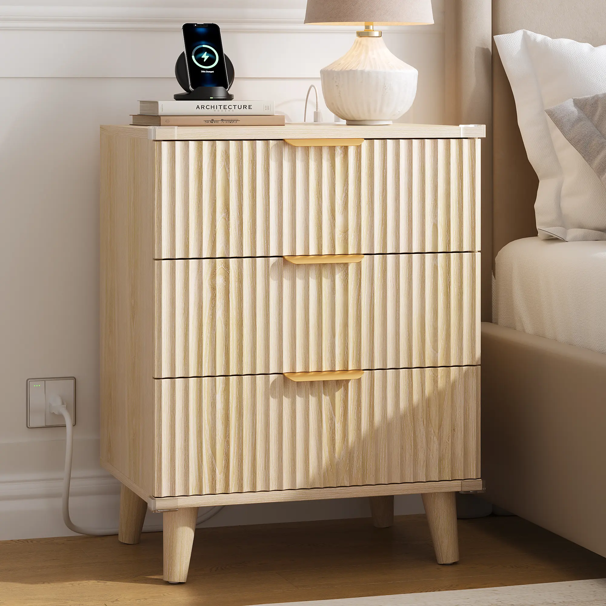 Aowos Fluted Nightstands for Bedroom, Modern Bedside Table with 3 Drawers & Charging Station, Fluted Panel End Tables for Bedroom & Living Room, Bedside Cabinet with USB Ports, Nightstand with Storage, Apartment Nightstand, Kids Bedside Table, tiktokshops
