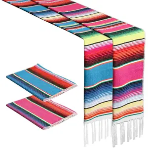 2PCS Mexican Table Runners, 14 x 86 Inch Cinco De Mayo Party Decorations, Rainbow Colors Mexican Fiesta Table Runner for Boho Mexican Theme Party Picnics Table Decor