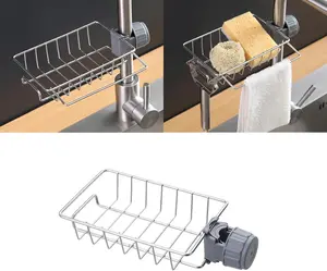 Stainless Steel Sink Sponge Holder - Adjustable Kitchen Sink Rack for Faucet Mount, Durable Sink Scrubber Holder with Drainage Slots, Easy-Install Kitchen Sink Organizer for Sponges & Brushes