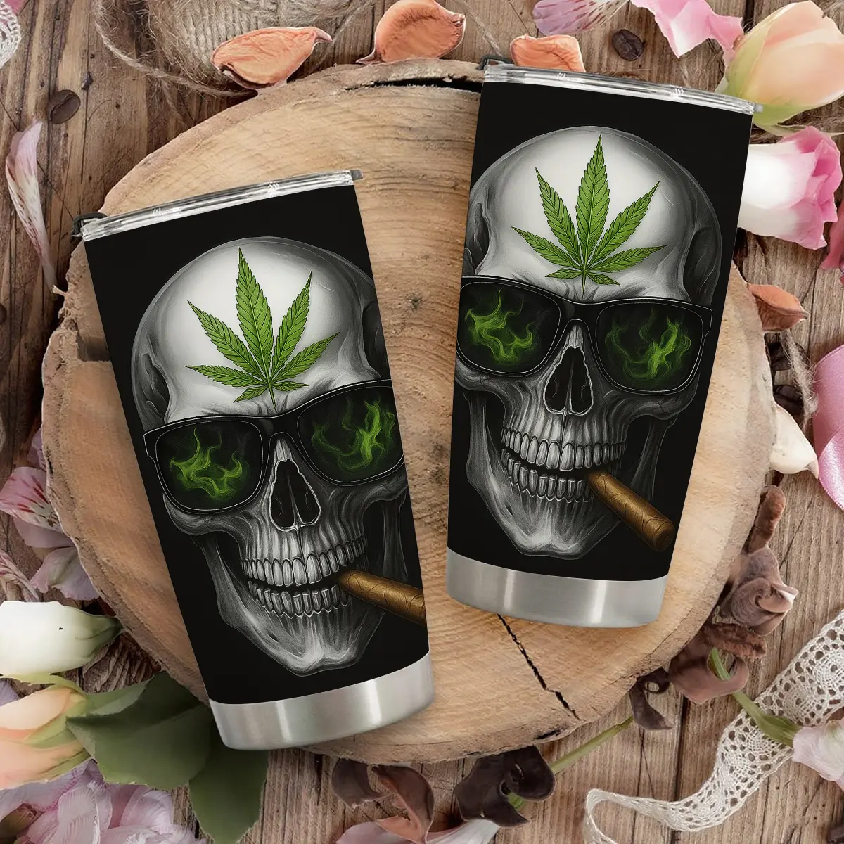 1pc 304 Stainless Steel Insulated Portable Travel Mug - 600ml/20oz Double-Layer Vacuum, Cool Skull-Marijuana Leaf-Cigar Pattern, Easy-Carry, Maintains Temperature, Fits Daily Commutes, Edgy Gift for Counterculture Enthusiasts, Plants, Adults
