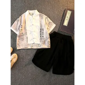 NewBoys' 4KMK754Q59 Two-Piece Tang Suit Set Summer Hanfu Outfit Chinese-Style Short Sleeve Shirt & Shorts Casual Polyester Suit for Boys Over 3 Years Old