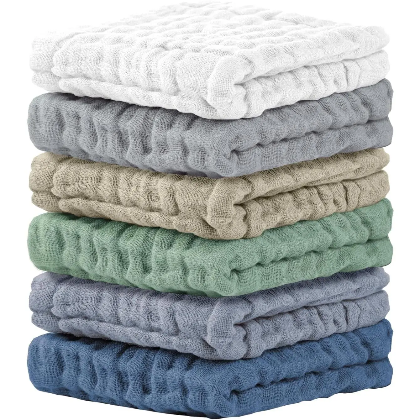 Muslin Cotton Bath Washcloths (6-Pack, 12x12 in) - Bathroom Supplies, Absorbing Hand Towels, Soft, Durable, Washable, Assorted Colored, All Skin Types