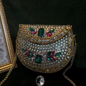 Jehan Ara Elegant Rhinestone Embellished Handbag with Gold Chain Strap and Multicolor Gemstones
