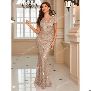 Dinner Graduation For Gown Wedding Prom Evening Neckline Boat UNITHORSE Women s Mermaid Hem Sequin Dress Elegant Formal Guest