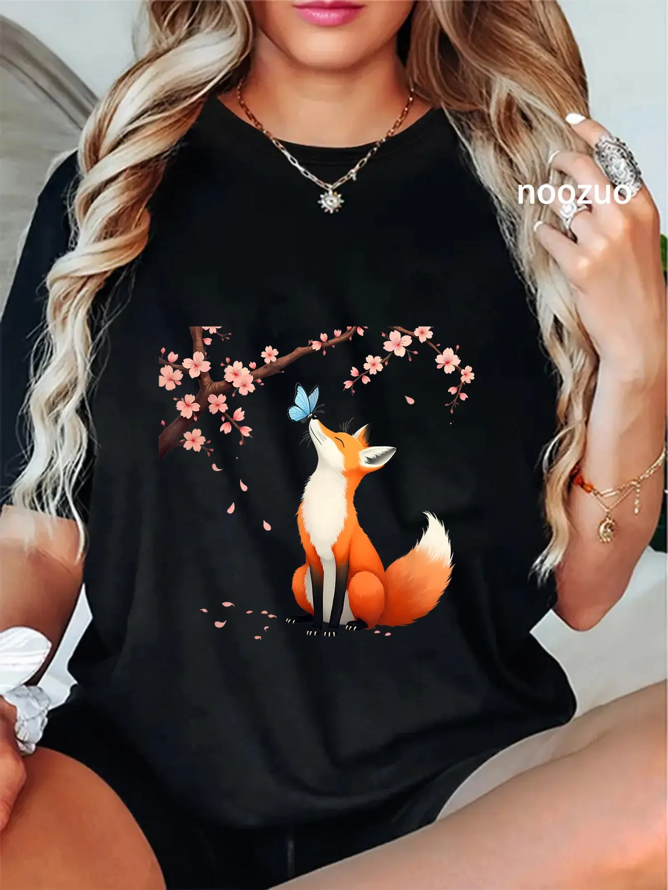 Women's 100% Cotton Vintage Graphic T-Shirt with Cute Fox & Sakura Blossom, Colorful Playful Kawaii Streetwear Top, Tshirt, Colorful Style, Wide Range Of Sizes, Short Sleeves, Casual, Everyday, Cartoon Style, Lady, Clothes, Funny Streetwear, Graphic Tee A