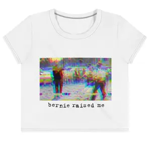Bernie Raised Me / Technicolor Uprising / All-Over Print Crop Tee / Plus Sizes / White / Black Stitching