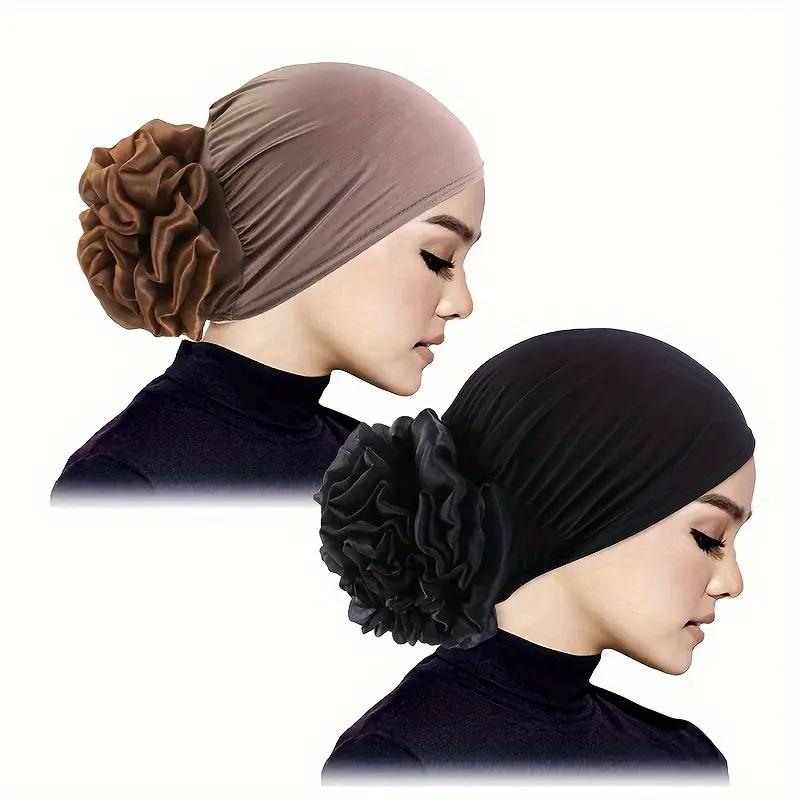 2pcs Set Women's Large Floral Headscarf Hat Muslim Turban Hair Loss Cap Floral Back Inner Hijab Turban for Women, Stretch Soft Jersey Under Scarf Cap, Large Ruffle Flower Decor Muslim Head Wrap Bonnet Daily Wear