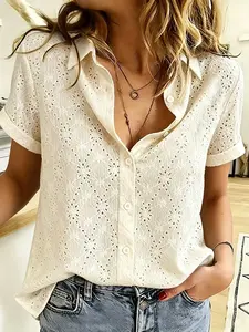 Vintage Lace Cut Out Embroidered Short Sleeve Shirt, Elegant Lace Top, Women's Fashionable Blouse, Stylish Hollow Out Design