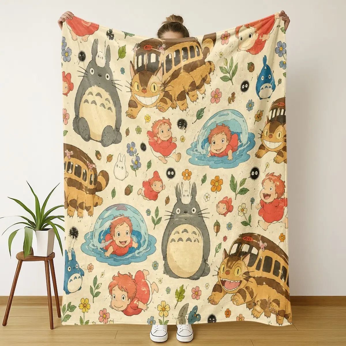 Ghibli Anime Collage Blanket, Totoro & Ponyo Themed, Watercolor Style, Soft & Cozy, Ideal for Anime Fans & Kids' Room Decor
