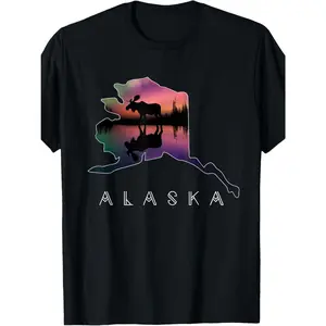 100% Made in America, 200g Alaska Moose Aurora Alaska State and Landscape T-Shirt Men's T-Shirts Cotton Menswear Classic Cotton Tee Casual Short-Sleeve Fun Shirts Comfort Wear