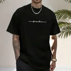 Men’s “Freedom” graphic T-shirt with cursive script print, minimalist handwritten letter design, casual short-sleeve crewneck tee for everyday streetwear