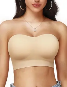 PoseFree Seamless Push Up Strapless Bra for Women Non-Slip Silicone Bandeau Bra with Fabric & Clear Straps Wireless Tube Top