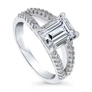 BERRICLE Sterling Silver Solitaire Engagement Promise Rings Statement Split Shank Ring for Her, 2.6 Carat Emerald Cut Cubic Zirconia CZ