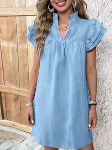 A women's solid color multi-layer ruffled sleeve V-neck pullover dress, suitable for summer, daily casual wear, vacations, dates, gatherings, and othe