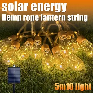 Solar Outdoor Fairy Light String, 5m 10 Lights, Hemp Rope Water Drop Lights, LED Bulb, Led Lighted, 8 Lighting Modes, Garden Decor, Party Decoration