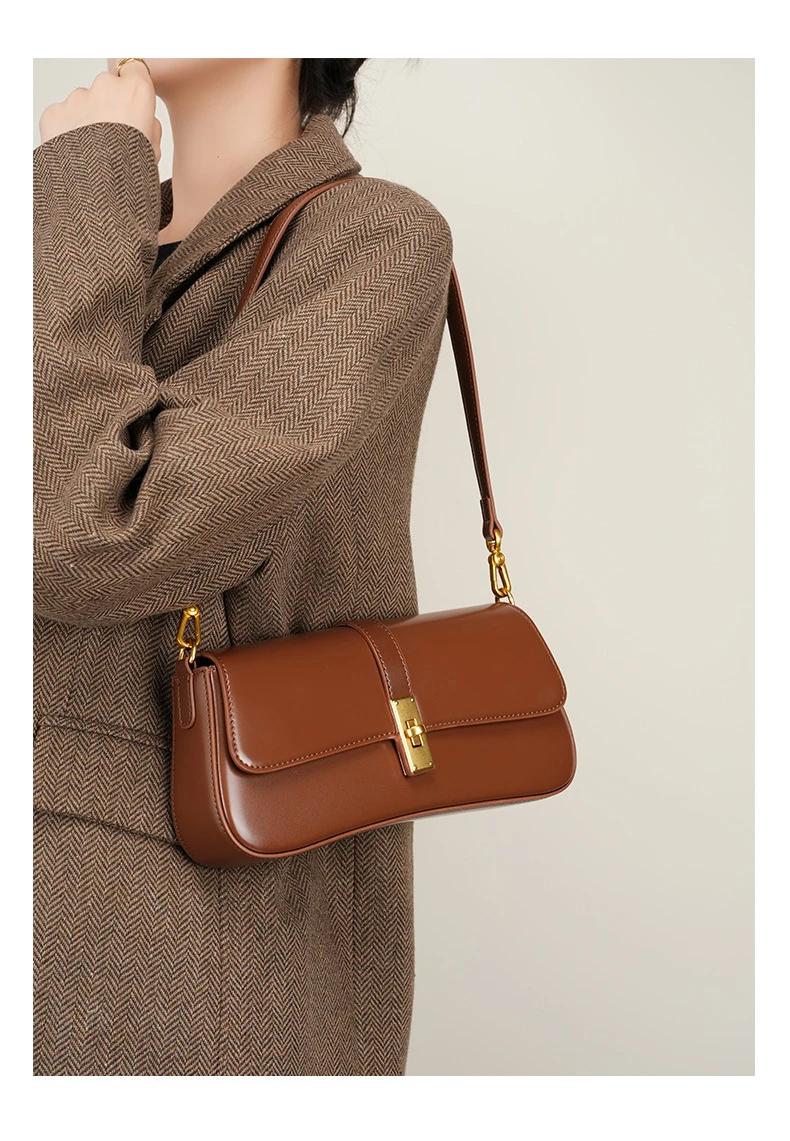 Minimalist Brown Leather Baguette Bag for Women Retro Underarm Shoulder Purse with Gold Lock