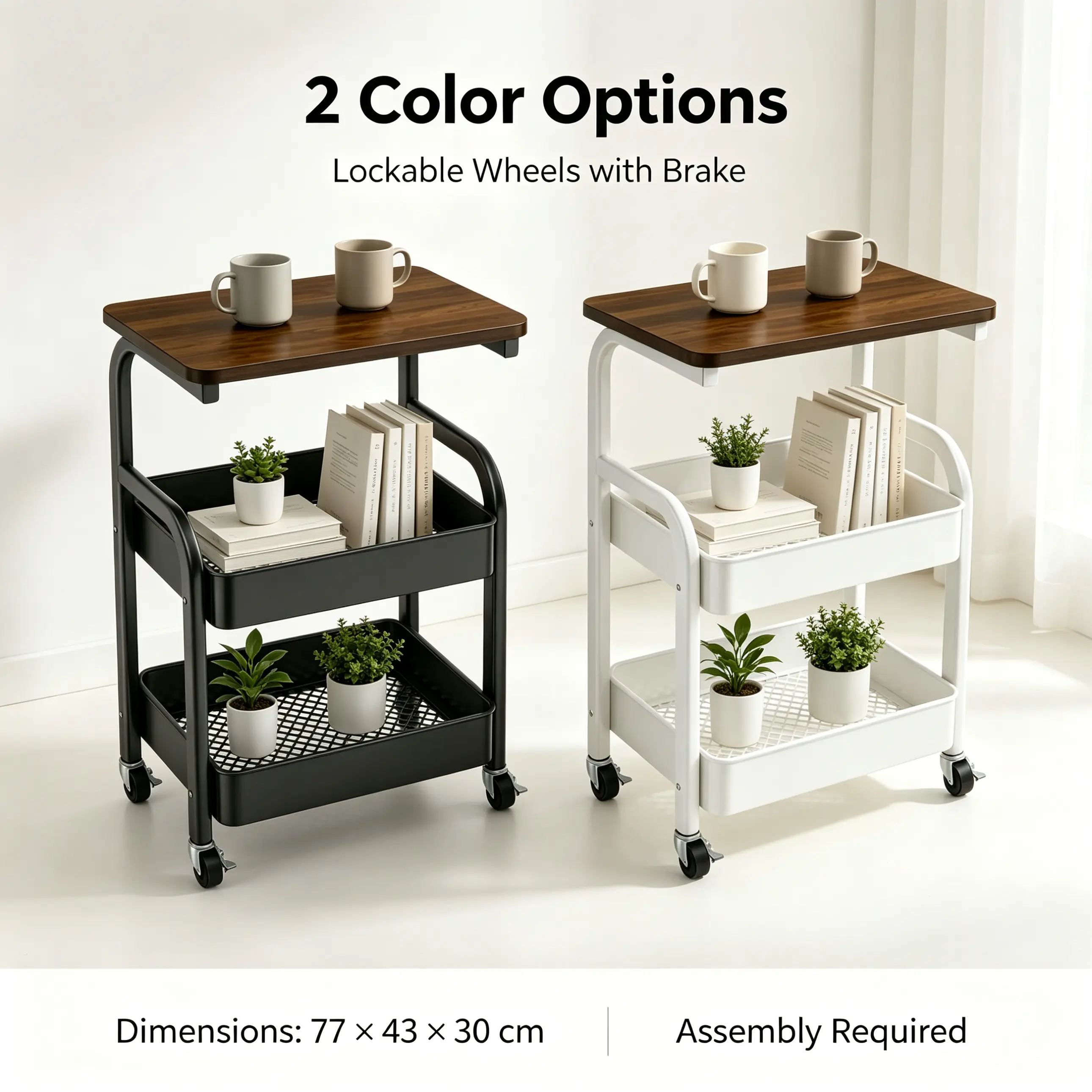 Rolling Storage Cart with Wood Top, 3-Tier Mobile Utility Organizer with Lockable Wheels for Kitchen, Bathroom, Office and Living Room
