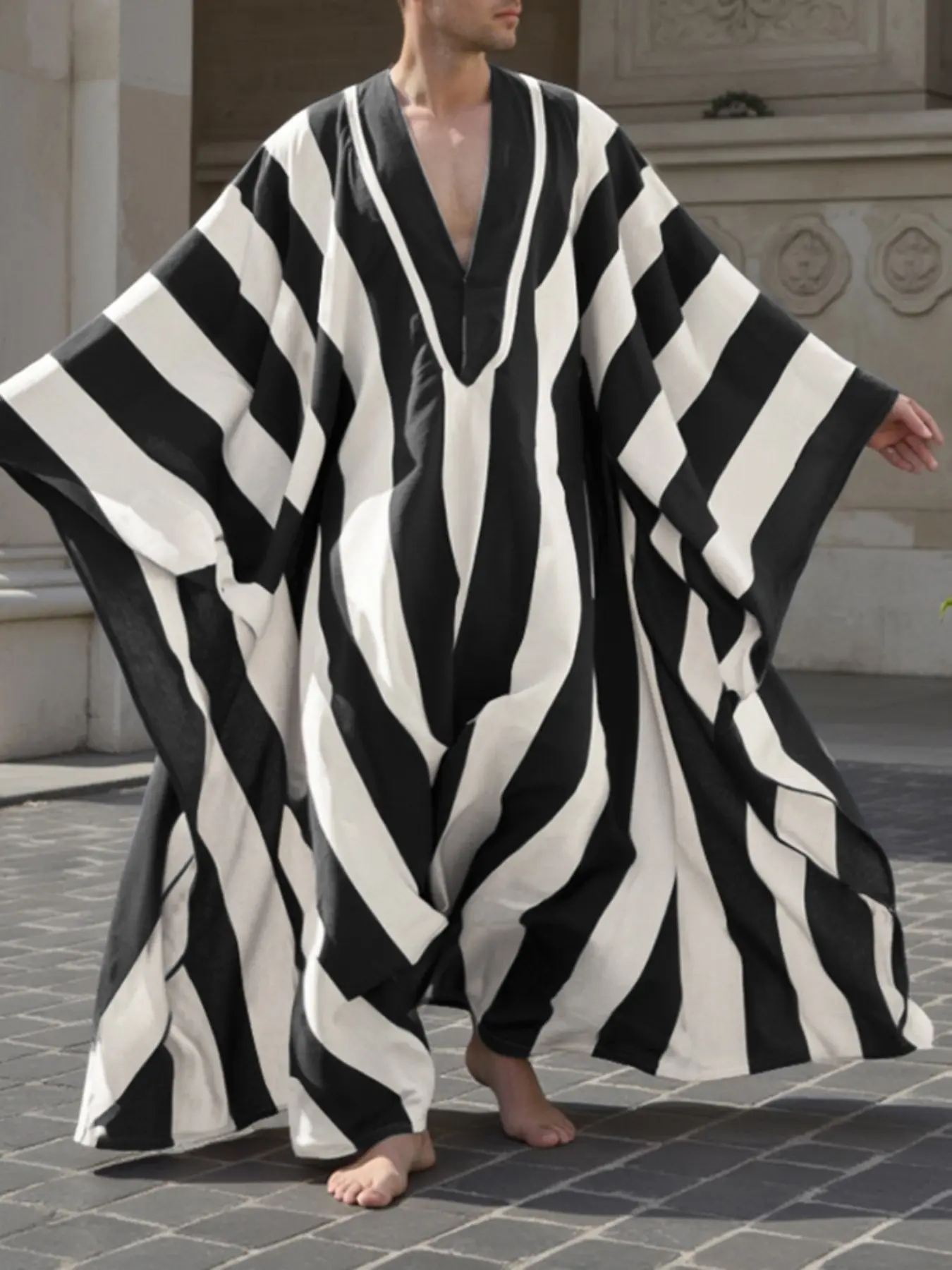 INCERUN Men's Fashion Striped Robe, Long Sleeve V Neck, Stylish Loungewear for Home, Comfortable and Trendy, Perfect for All Seasons