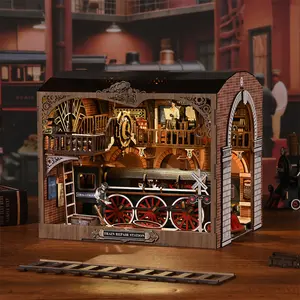 Train Repair Station Book Nook Kit for Adults Teens DIY Miniature Dollhouse 3D Wooden Puzzle with LED Lights Creative Haven TOYQI diy  miniature  kit DIY LED Light Bookcase Toy