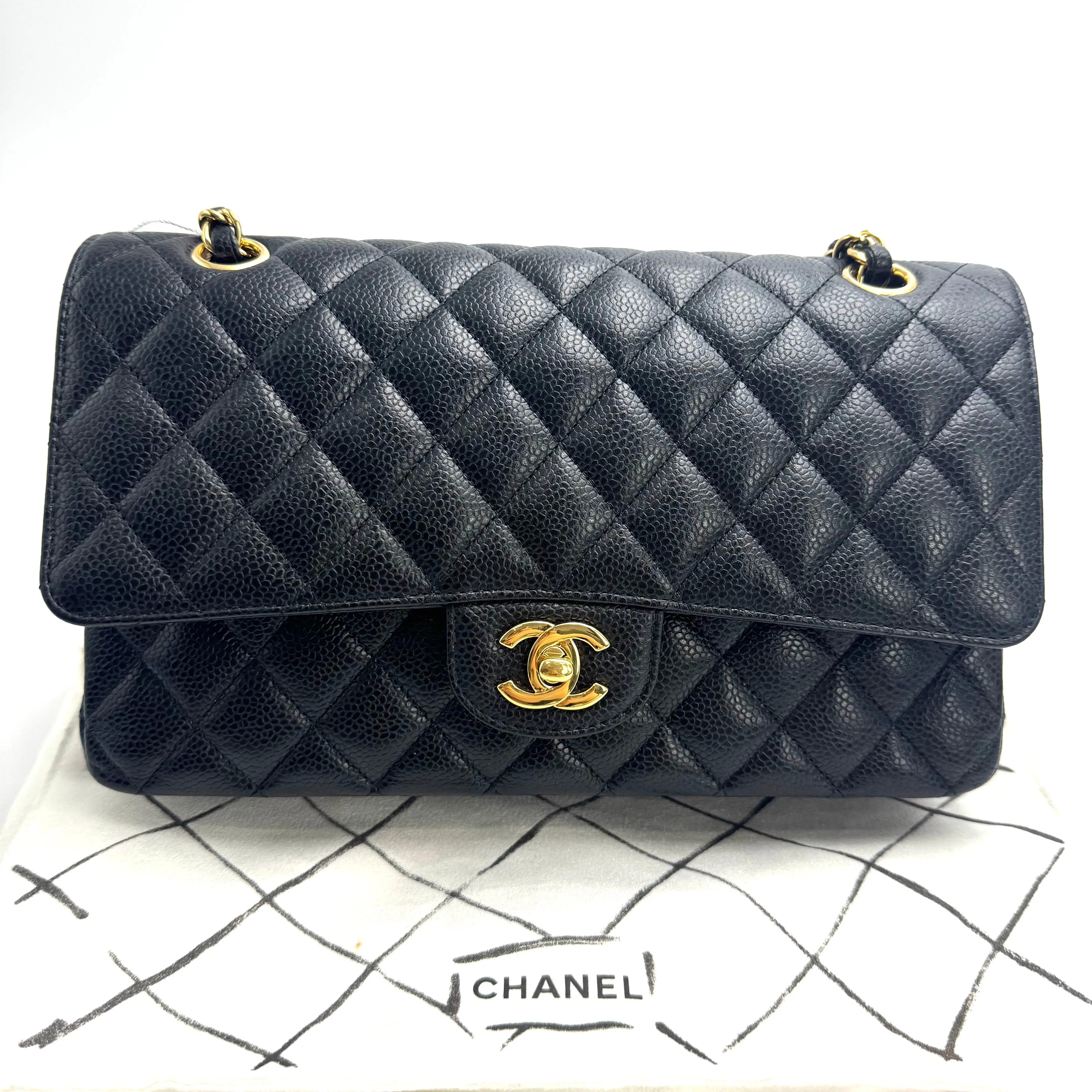 Pre-owned CHANEL Black Caviar Leather Medium Classic Double Flap Handbag with Gold Tone Hardware