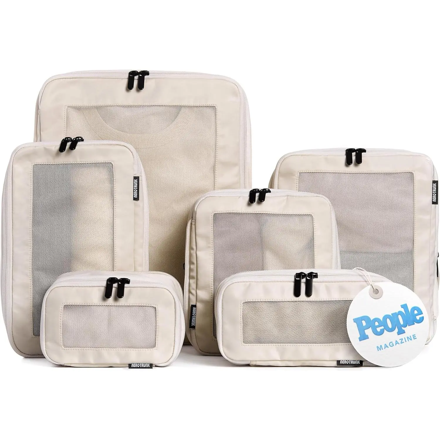 Aerotrunk Compression Packing Cubes for Travel, 6-Pack, Beige | Solves overpacking, 6-Piece set fits most suitcases, 50% Space savings, Compression luggage organizer bags