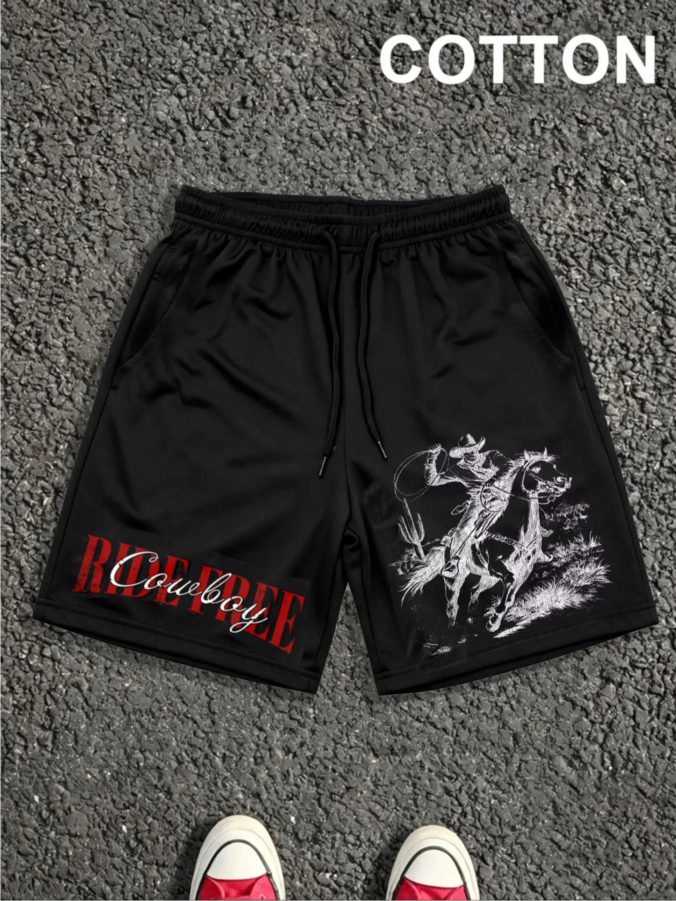 1 PCS Ride Free Cowboy Vintage Western Horse Cactus Distressed Graphic Print, Retro Country Wild West Streetwear Athletic Bottoms, Soft Breathable Unisex Shorts For Cowboy Fans Summer Daily Rodeo Outfit
