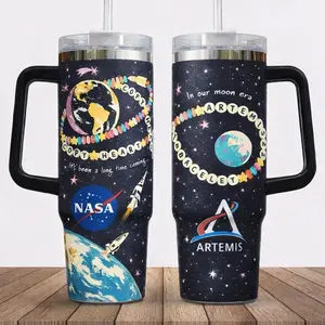 NASA Artemis II Tumbler 40oz Handle Cup, Copy Heart Bracelet Space Design, Galaxy Earth Insulated Travel Mug Gift