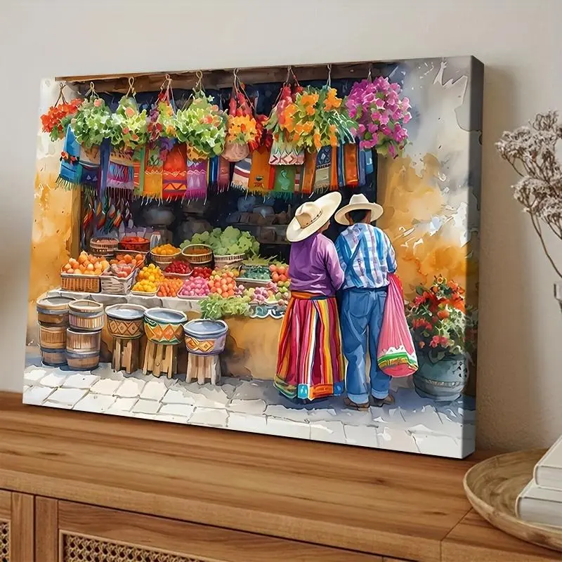 1 Unique Canvas-Wrapped Framed Western Painting Print - Mexican Market Themed, Hispanic Indoor Home Decor, Hangable US Pride Wall Art, Waterproof for Bathroom, Office, Bedroom, Thoughtful Independence Day Gift