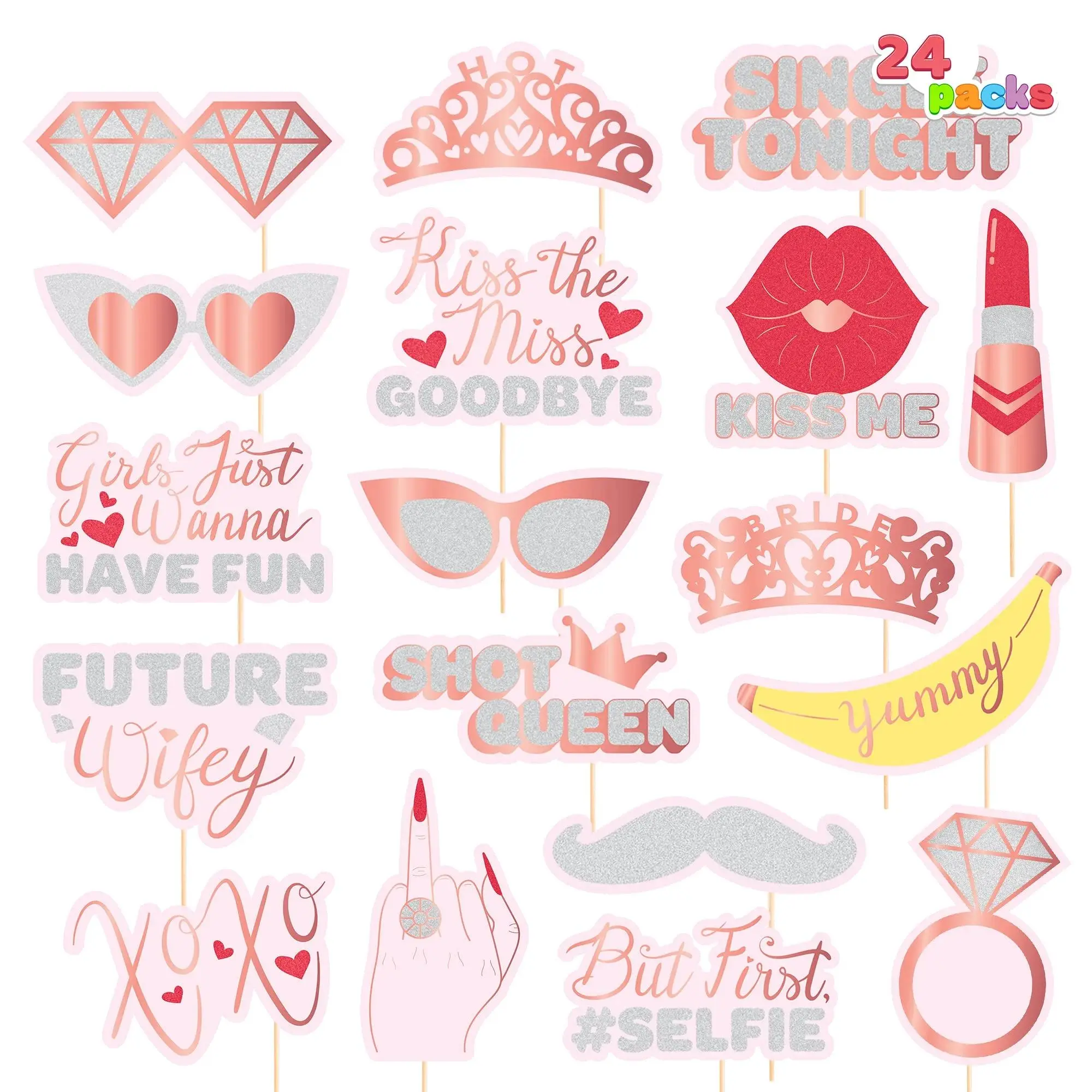 JoyX 24-Pack Bachelorette Photo Booth Props – Rose Gold Bridal Shower Party Decorations for Bride-to-Be – Fun and Stylish Party Supplies
