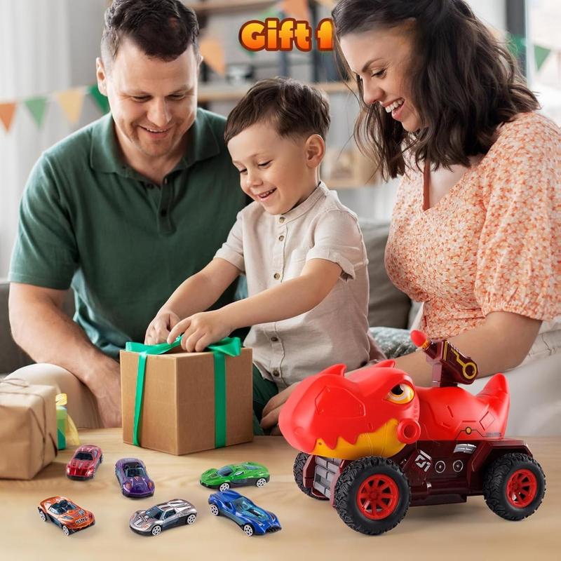 Dinosaur Truck Toys for 2 3 4 5 Year Old Boy with 6 Die-Cast Metal Toy Cars, Gifts for 2 3 4 5 Year Old Boys, Foldable Track & Missile Launcher, Birthday Gift Idea for Toys for Ages 2-4