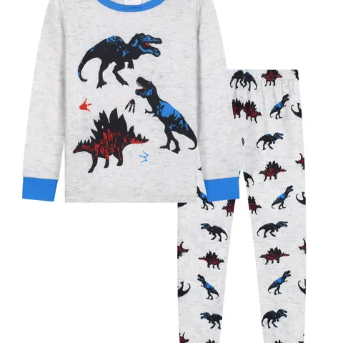 Boy's Dinosaur Digital Print Pajama Set, Round Neck Long Sleeve Pants, Breathable Comfort, Casual Loose-Fit Sleepwear for All Seasons, Cartoon Pattern Pajamas
