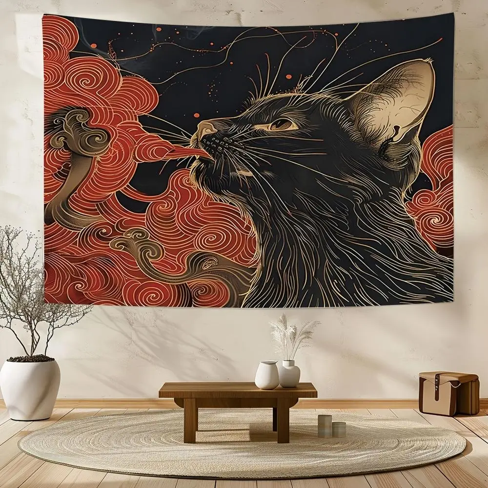 1PC 2D Flat Vintage Chinese-Style Black Cat Tapestry with Auspicious Clouds, Durable Decorative Polyester Reusable Room Decor Backdrop - Birthday Party Supply, Wall Hanging for Bedroom & Living Room, Durable Decorative Tapestry