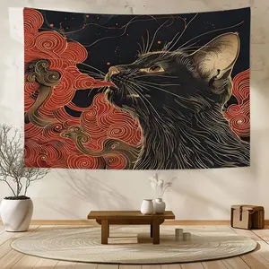 1PC,2D Flat Vintage Chinese Style Black Cat Tapestry with Auspicious Clouds, Artistic Wall Hanging for Bedroom & Living Room, Decorative Cloth for Room Decoration, Dormitory Wall Decoration Fabric