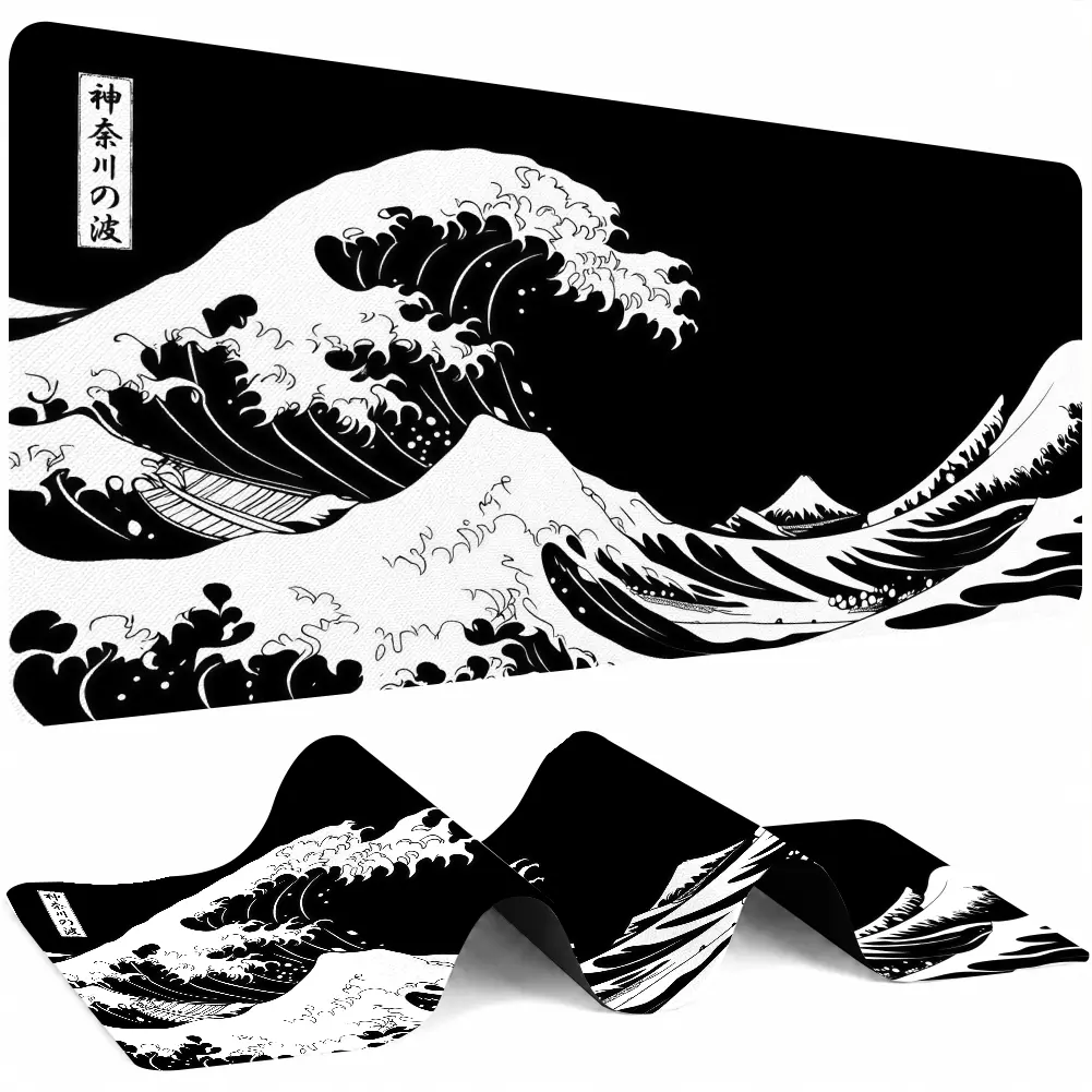 Japanese Great Wave Extended Gaming Mouse Pad - Large Desk Mat with Non-Slip Rubber Base, Stitched Edges, Waterproof Surface for Office Gaming Use