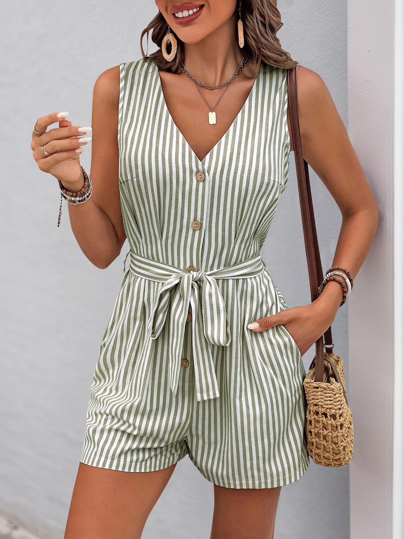 V-neck Sleeveless Striped Jumpsuit Short Pants