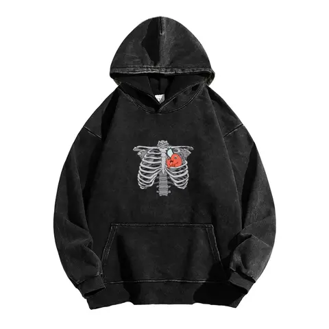 CSM Pochita hoodie, featuring a rib cage and heart design on the front and the text "Public Security Special Division 4 for Demon Suppression" on the back - Long Sleeve Cotton Unisex Vintage Hoodie